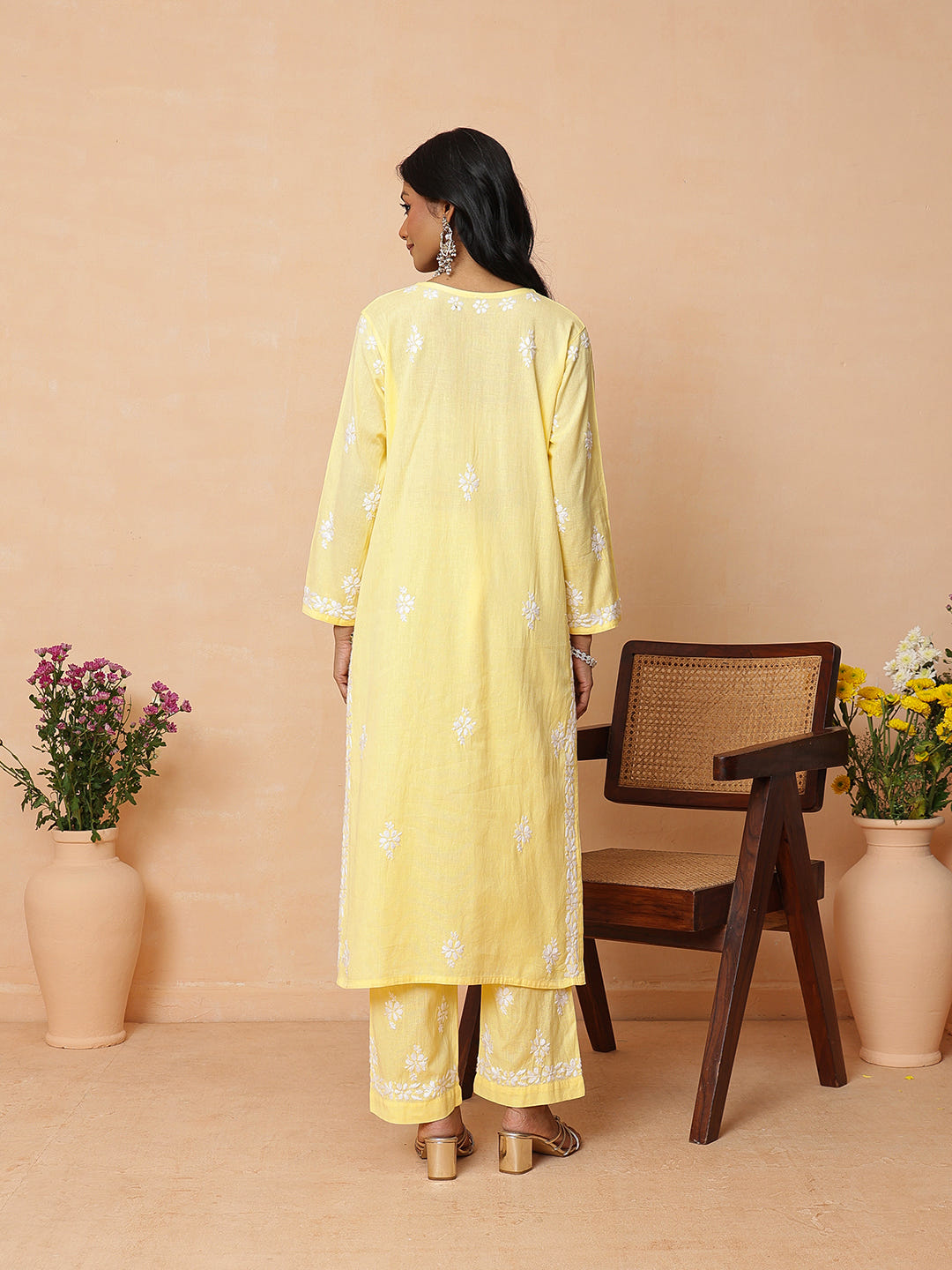 Ada Hand Embroidered Yellow Linen Lucknowi Chikankari Co-Ord Set A811388