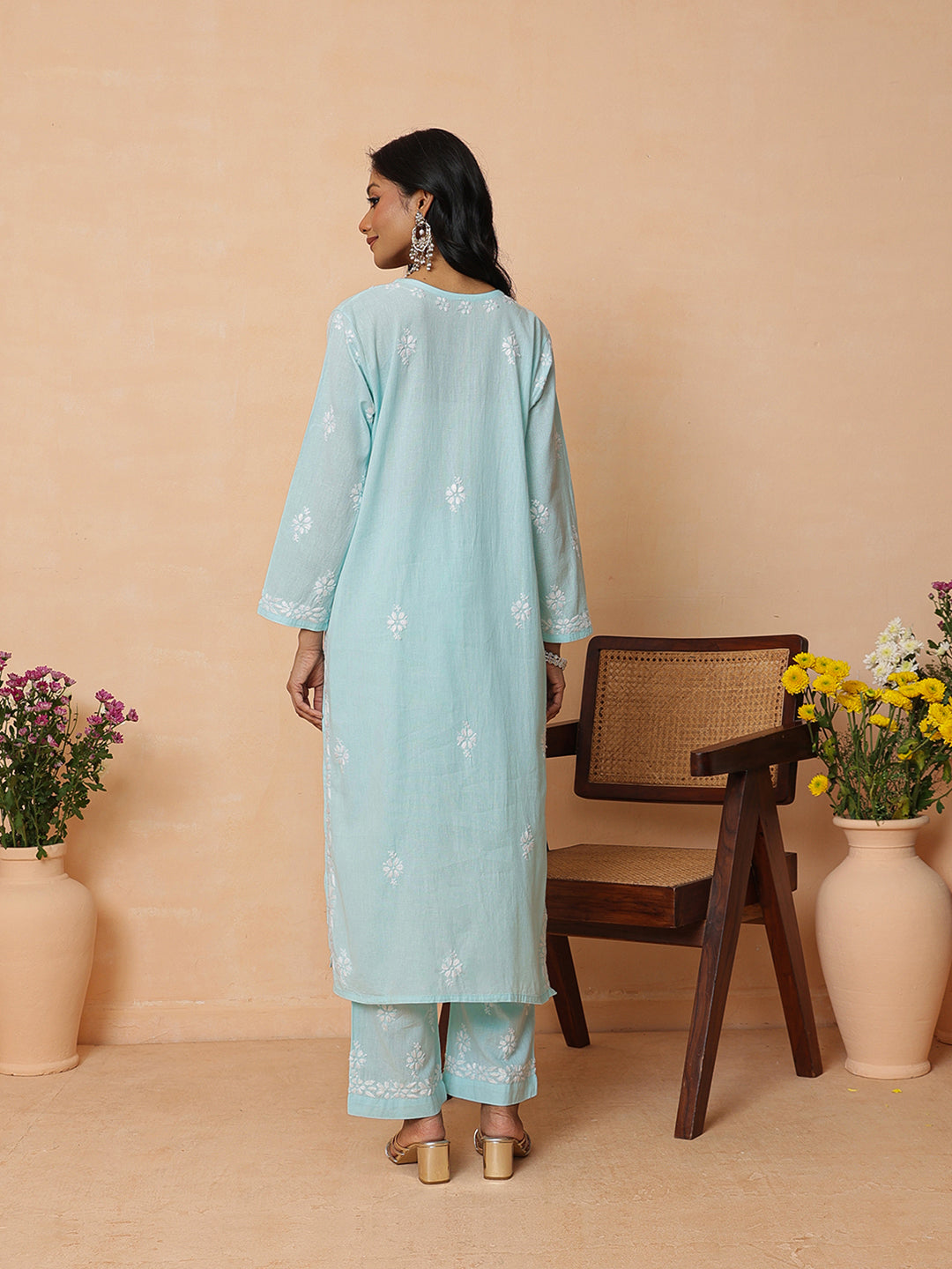 Ada Hand Embroidered Blue Linen Lucknowi Chikankari Co-Ord Set A811385