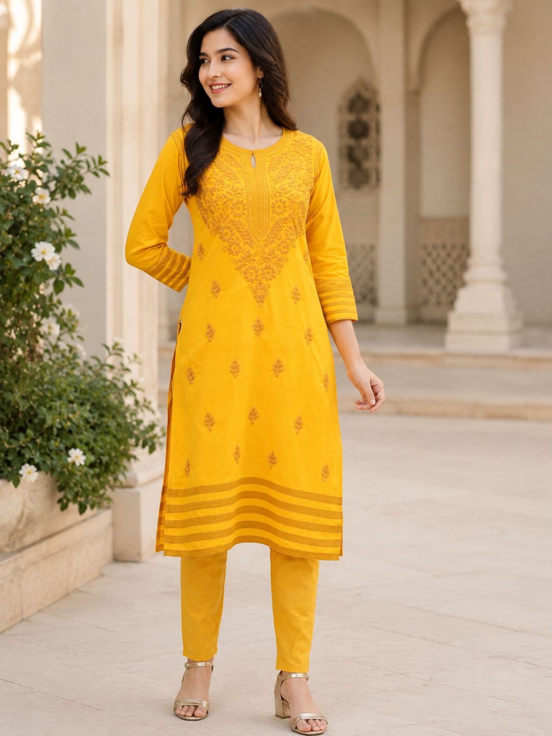 Ada Hand Embroidered Mustard Cotton Lucknowi Chikankari Straight Kurta A223150