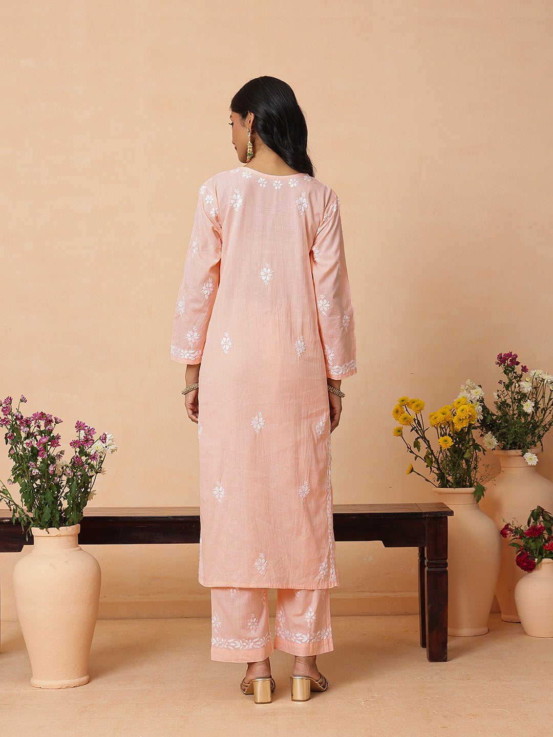 Ada Hand Embroidered Peach Linen Lucknowi Chikankari Co-Ord Set A811387