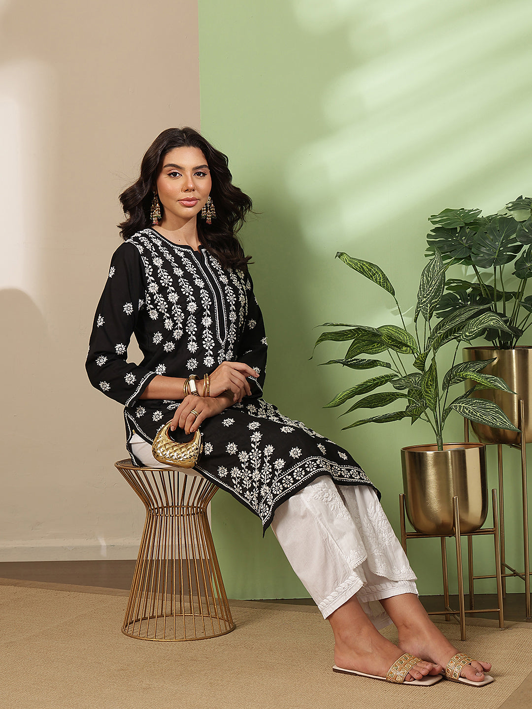 Ada Hand Embroidered Black Cotton Lucknow Chikankari Straight Kurta A130717