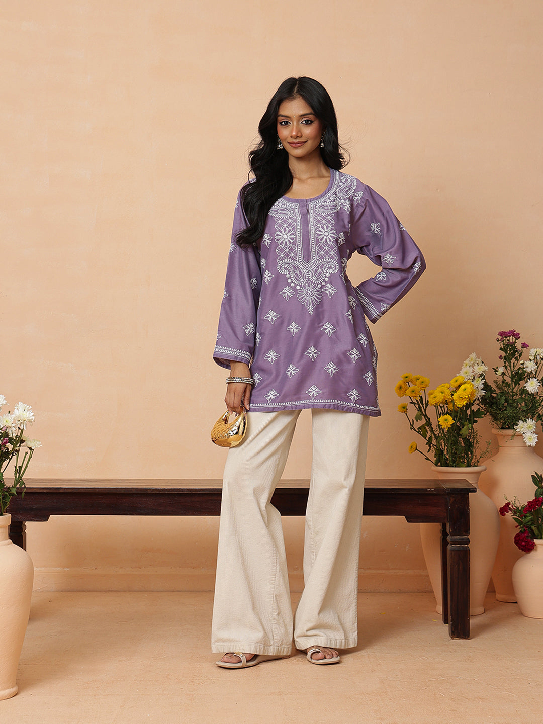 Ada Hand Embroidered Mauve Muslin Lucknowi Chikankari Short Kurti A911580