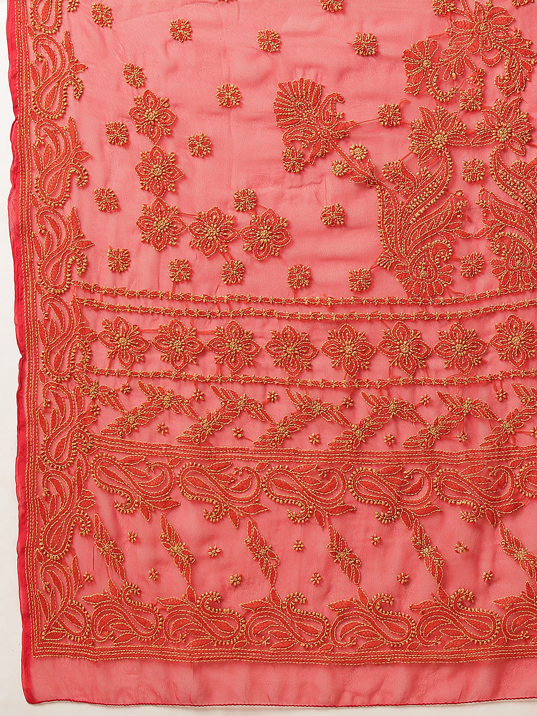 Ada Hand Embroidered Red Georgette Lucknowi Chikankari Saree With Blouse A311193