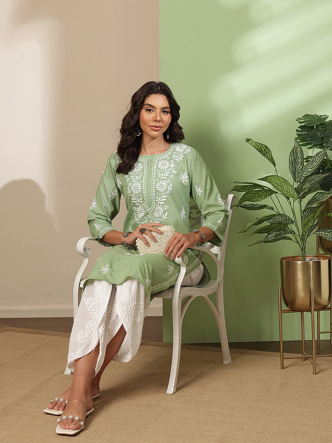 Ada Hand Embroidered Sage Green Cotton Lucknow Chikankari Kurta A411813