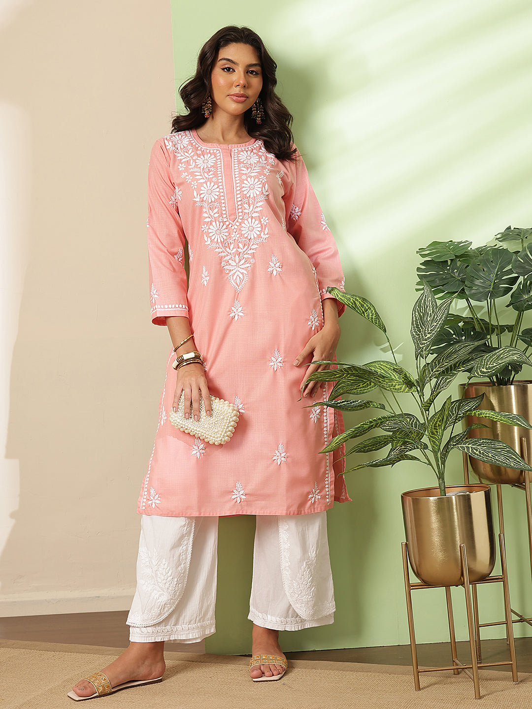 Ada Hand Embroidered Dusty Peach Cotton Lucknow Chikankari Kurta A411816