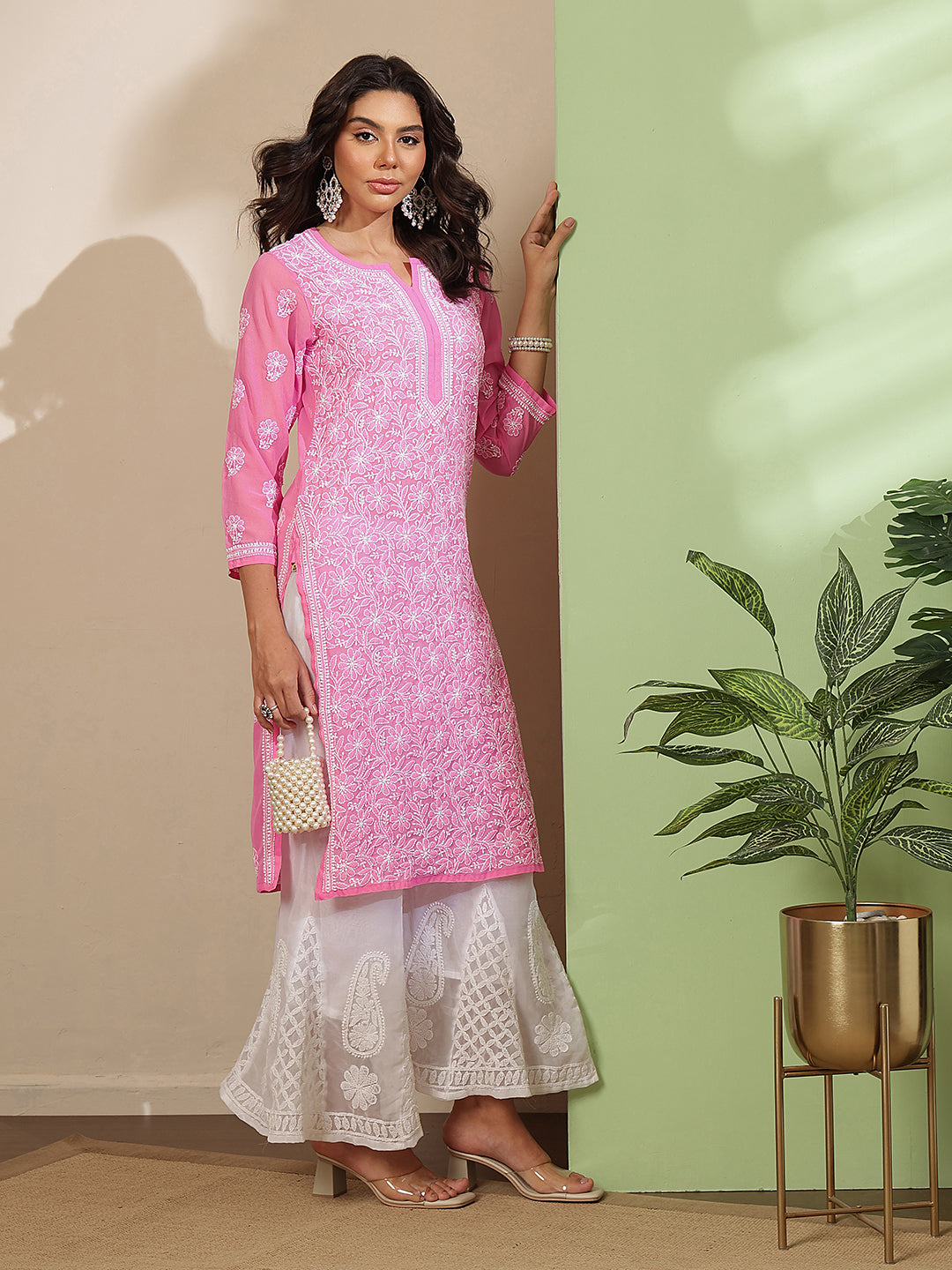 Ada Hand Embroidered Pink Georgette Lucknowi Chikankari Straight Kurta A411221