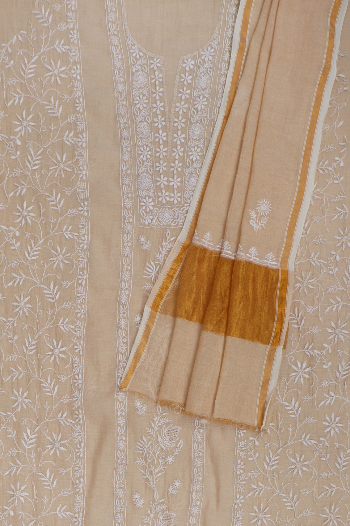 Ada Hand Embroidered Fawn Tissue Lucknowi Chikankari Unstitched Kurta Dupatta Set 01A265057