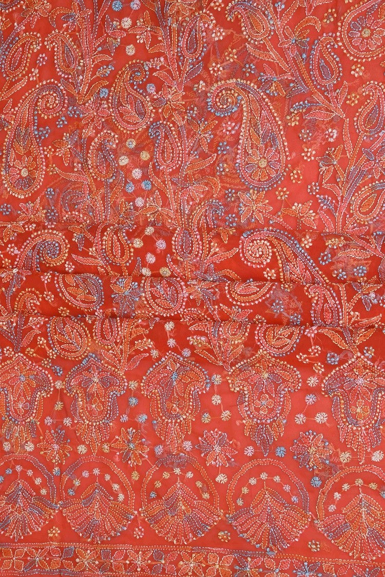 Ada Hand Embroidered Carrot Pink Georgette Lucknowi Chikankari Unstitched Suit Piece A211177