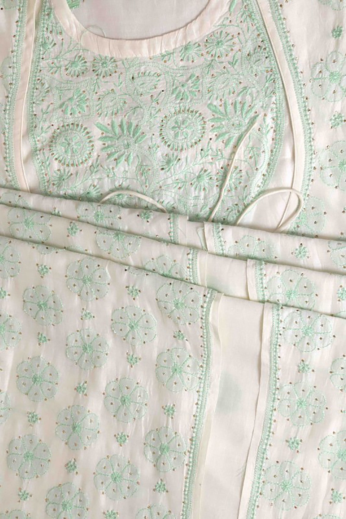 Ada Hand Embroidered Pearl White Chanderi Lucknowi Chikankari Semi-stitched Kurta Dupatta Set With Muqaish Work A621873