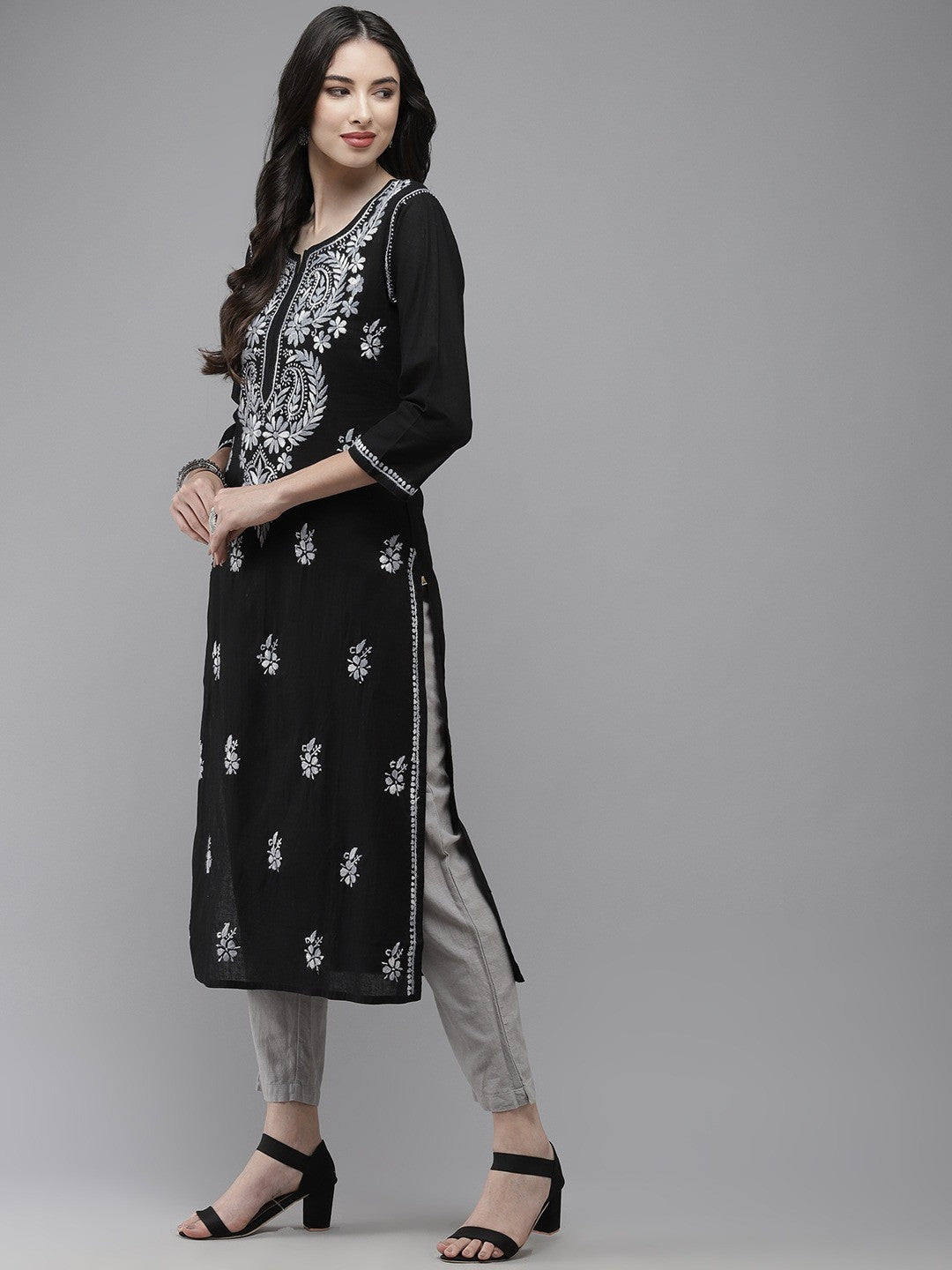 Ada Hand Embroidered Black Cotton Lucknow Chikankari Straight Kurta A411280