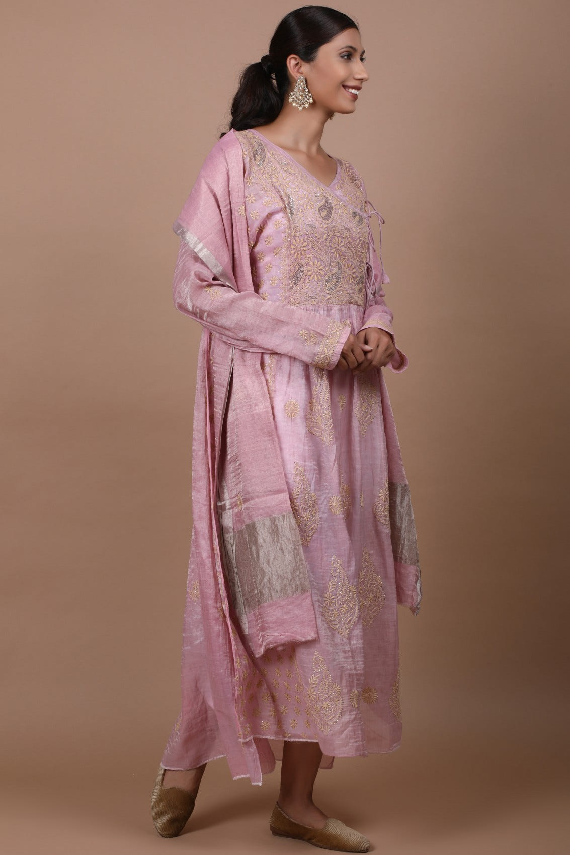 Ada Hand Embroidered Onion Pink Tissue Lucknowi Chikankari Semi-stitched Kurta Dupatta Set With Muqaish Work 01A238369