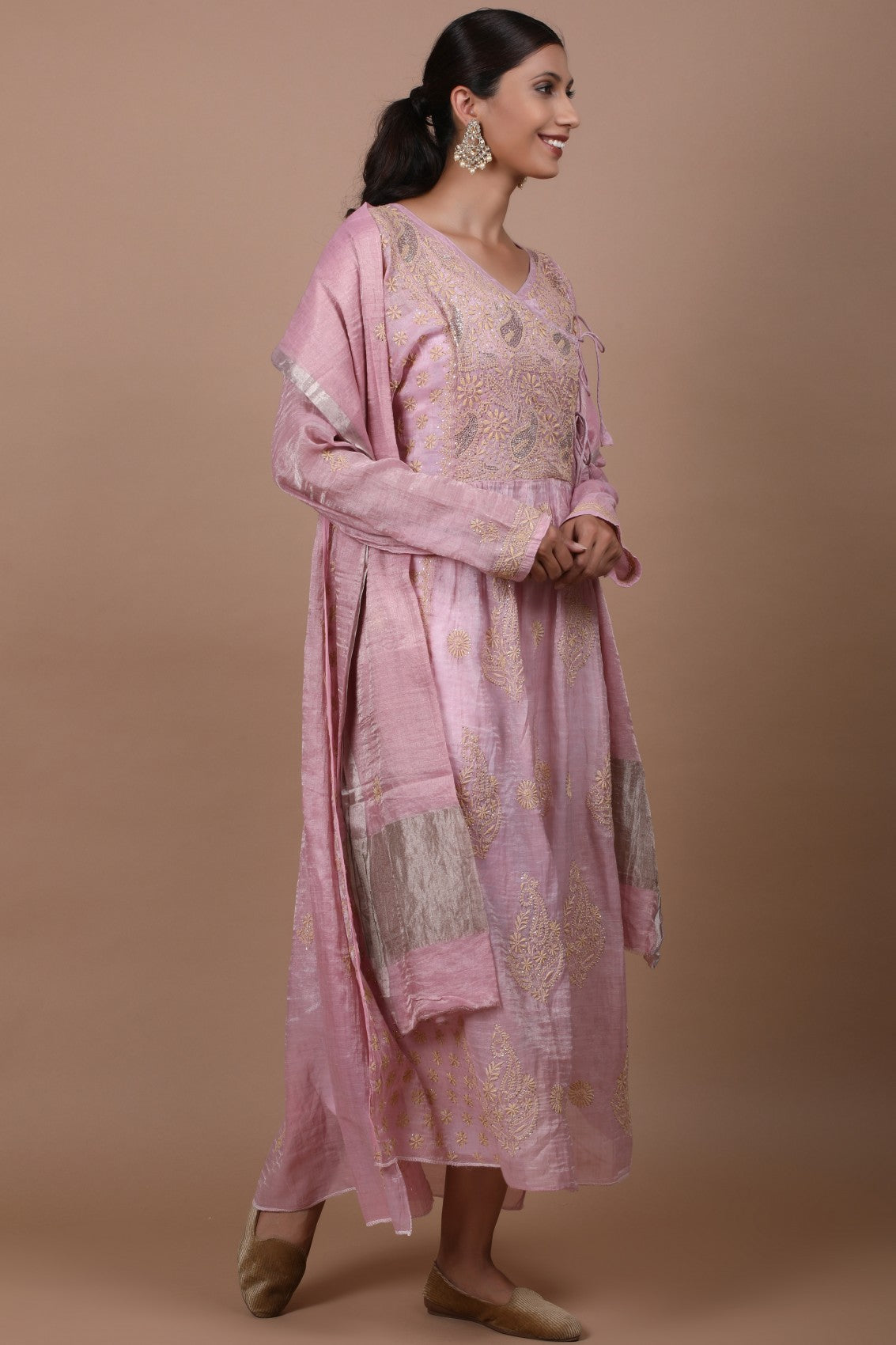 Ada Hand Embroidered Onion Pink Tissue Lucknowi Chikankari Semi-stitched Kurta Dupatta Set With Muqaish Work 01A238369