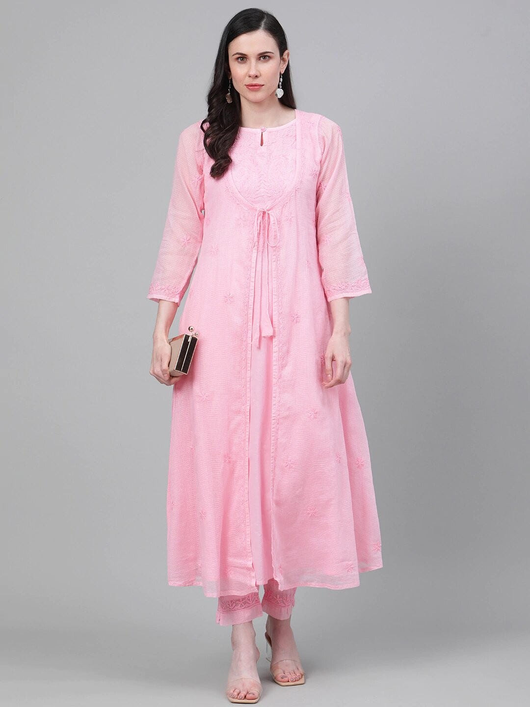 Ada Hand Embroidered Pink Kota Lucknow Chikankari Kurta with Trouser Set A811144