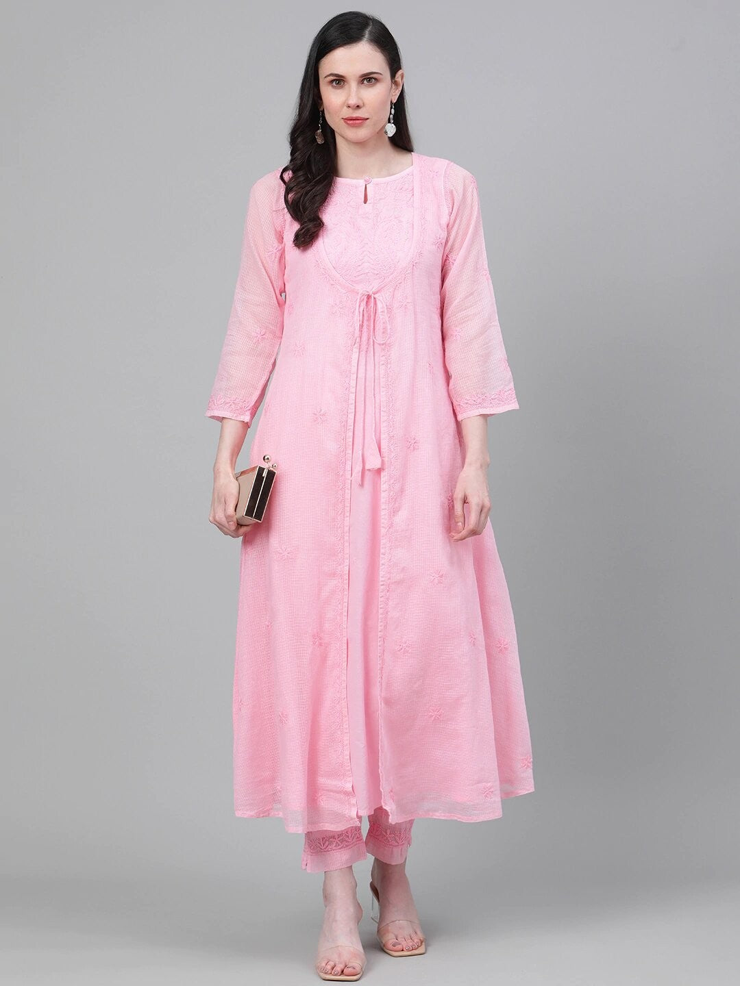 Ada Hand Embroidered Pink Kota Lucknow Chikankari Kurta with Trouser Set A811144