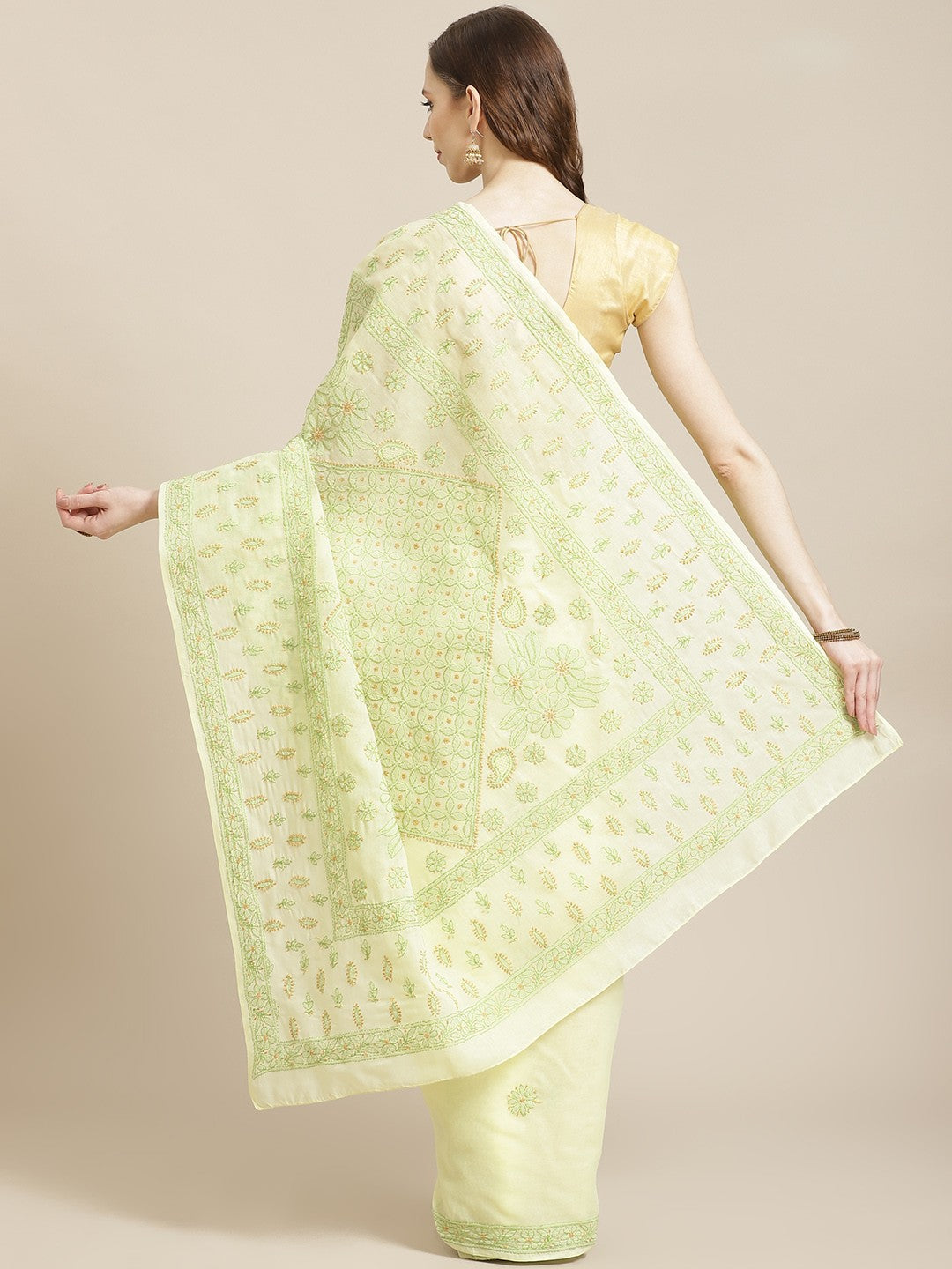 Ada Hand Embroidered Lemon Cotton Lucknow Chikan Saree With Blouse-A311212