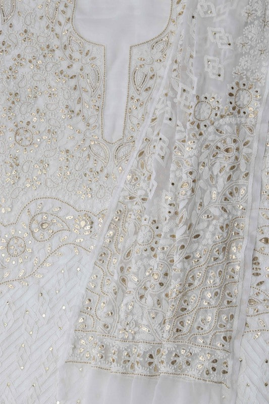 Ada Hand Embroidered White Georgette Lucknowi Chikan Unstitched Kurta Dupatta Set with Gotapatti & Zari Work A336652