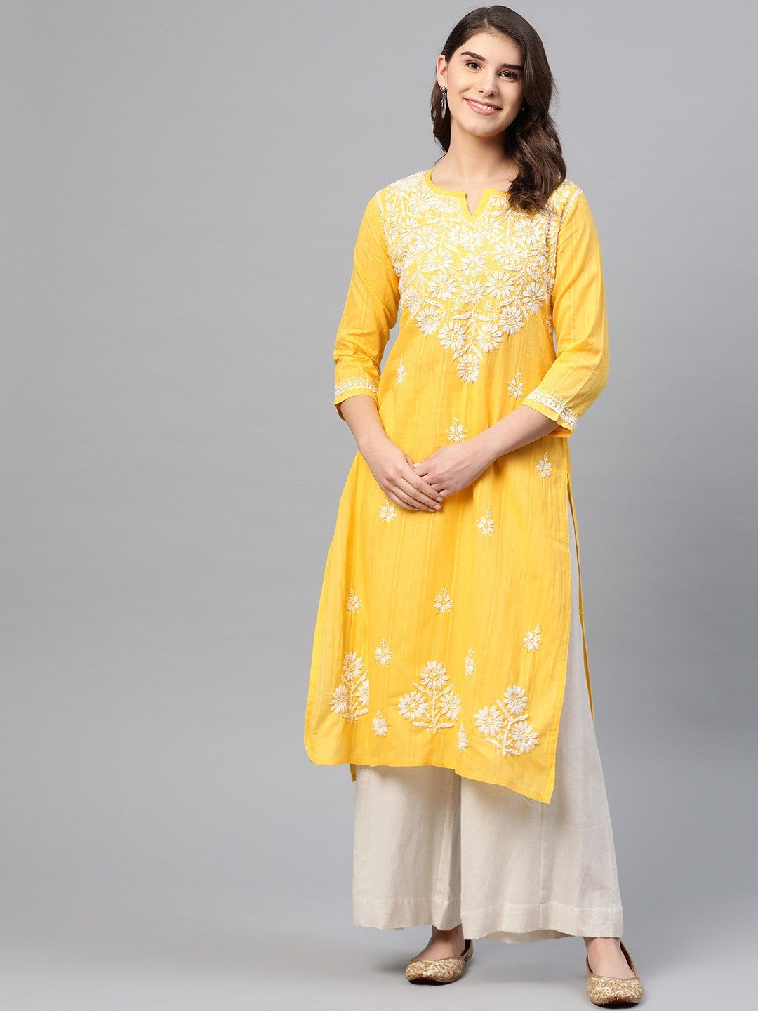 Ada Hand Embroidered Yellow Cotton Lucknow Chikankari Kurta A411166
