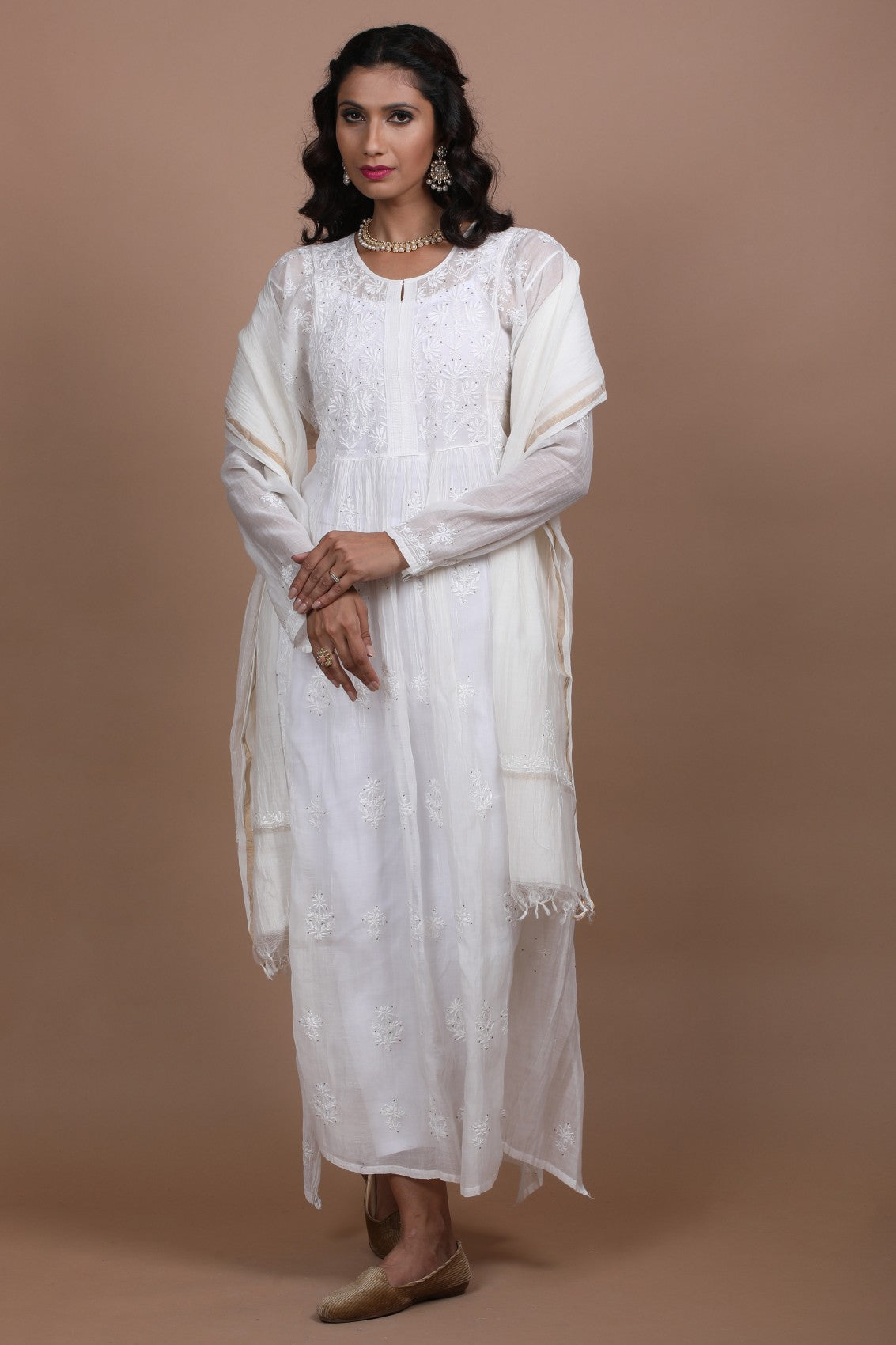 Ada Hand Embroidered White Chanderi Lucknowi Chikankari Semi-stitched Kurta Dupatta Set With Muqaish Work 01A260055