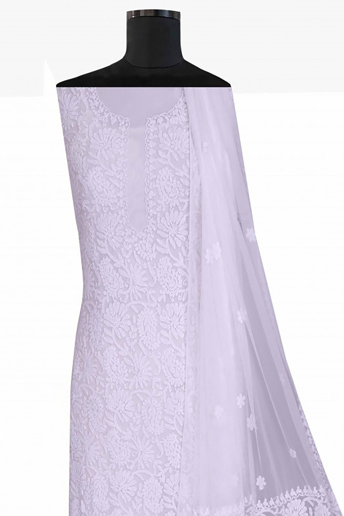 Ada Hand Embroidered White Net Lucknowi Chikankari Unstitched Kurta Dupatta A119279