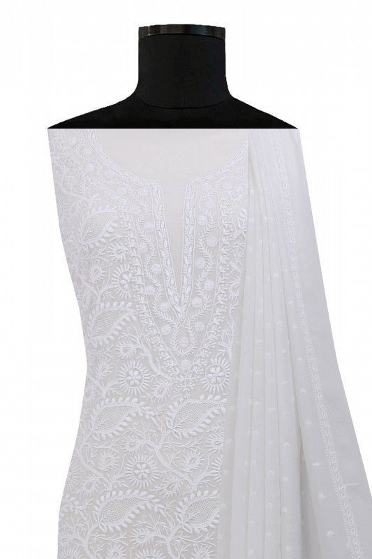 Ada Hand Embroidered White Pure Georgette Lucknowi Chikan Unstitched Kurta Dupatta Set A541409