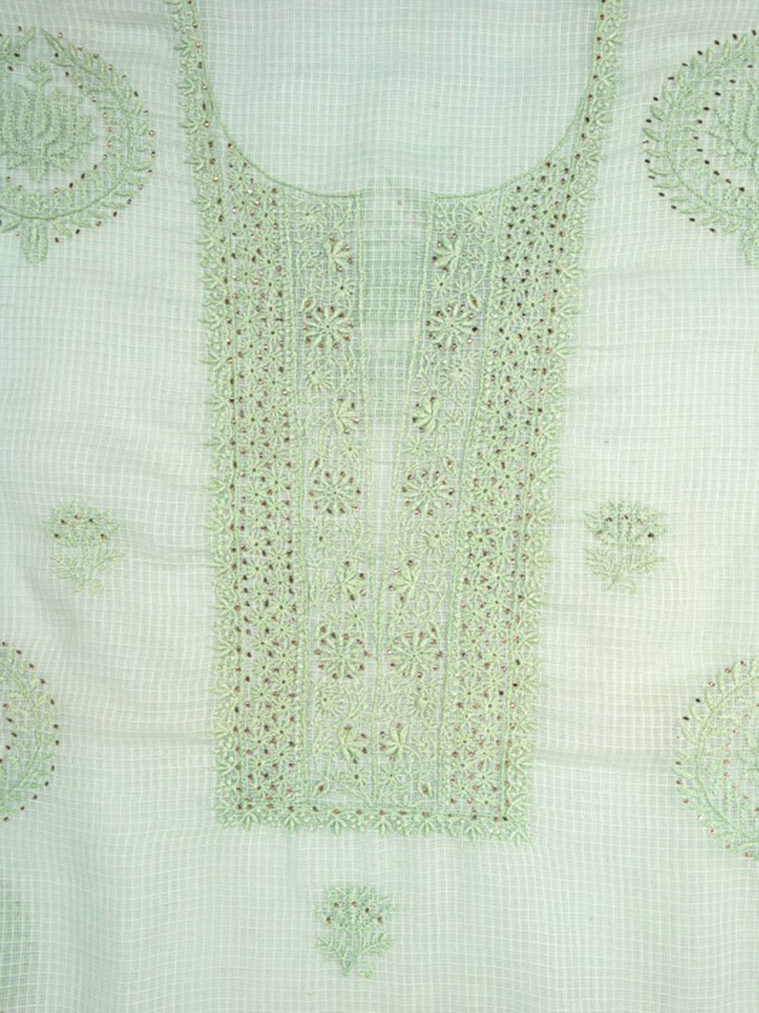 Ada Hand Embroidered Pista Green Kota Lucknowi Chikan Unstitched Kurta Dupatta Set With Muqaish Work A614846