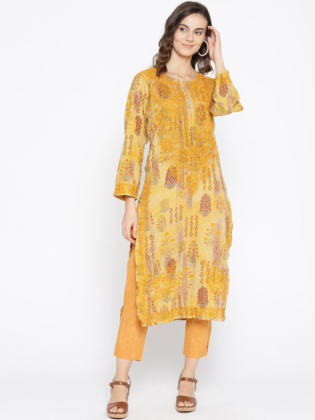 Ada Hand Embroidered Mustard Printed Cotton Chikan Kurta- A100060