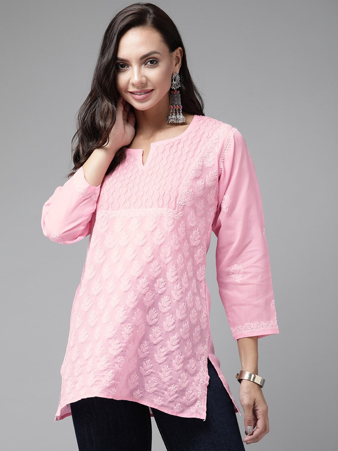 Ada Hand Embroidered Dark Pink Cotton Lucknowi Chikankari Straight Kurti A911218