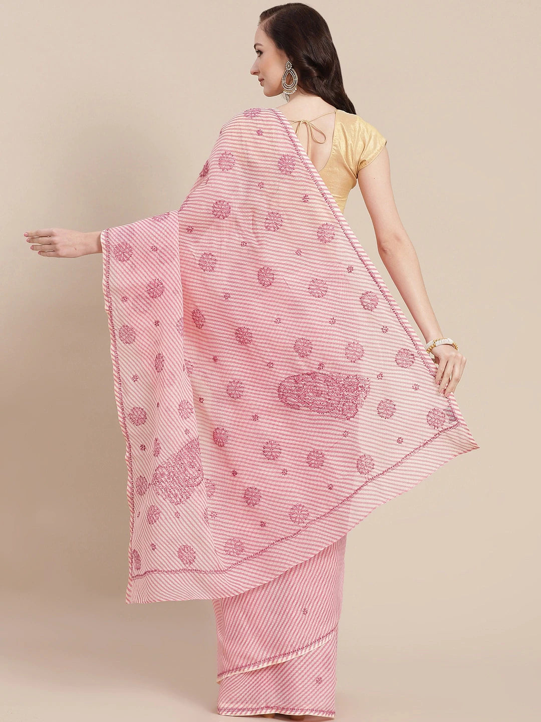 Ada Hand Embroidered Pink Kota Lucknow Chikan Saree With Blouse A311349