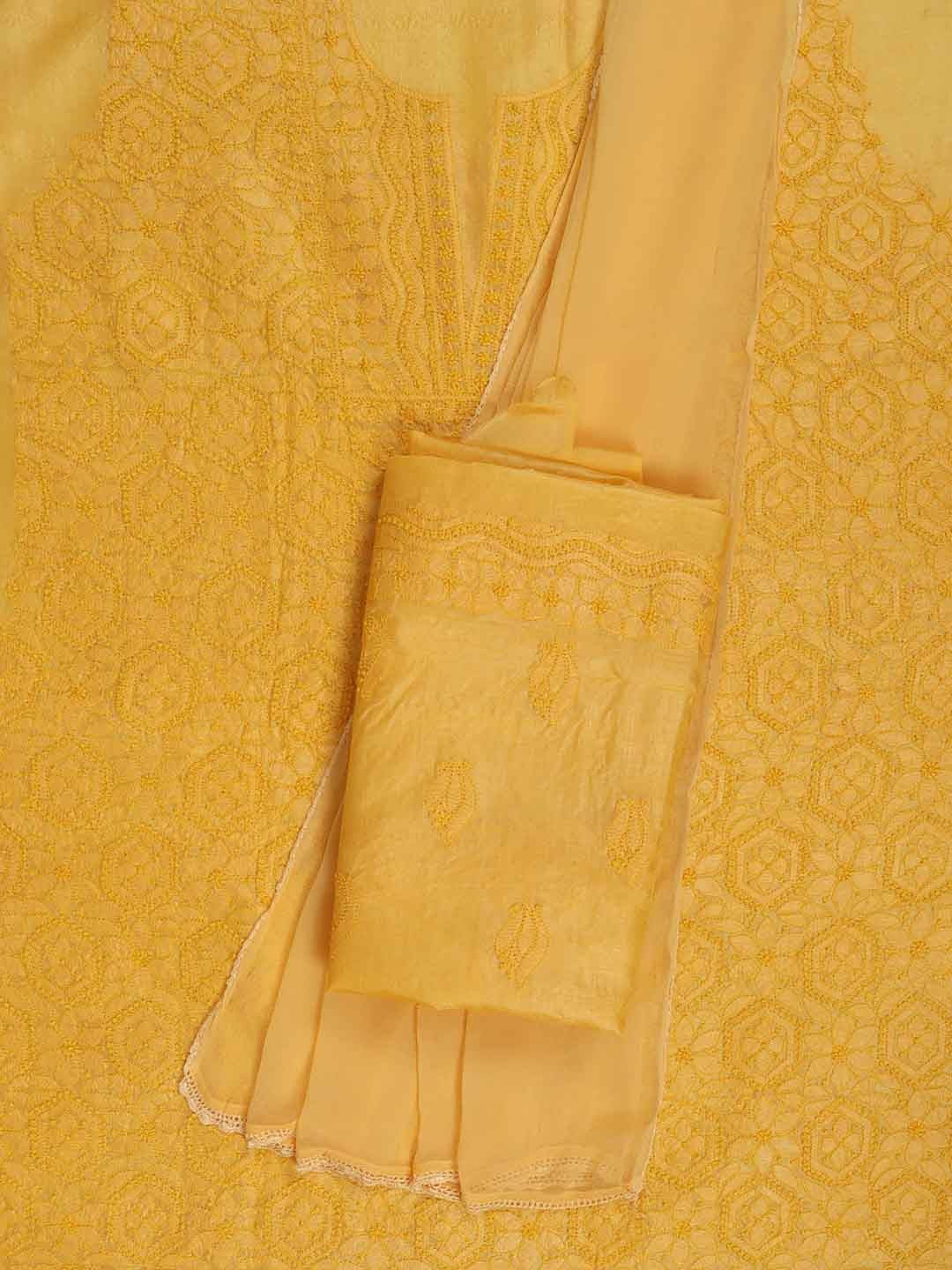 Ada Hand Embroidered Yellow Silk Lucknowi Chikankari Unstitched Suit Piece 01A167144