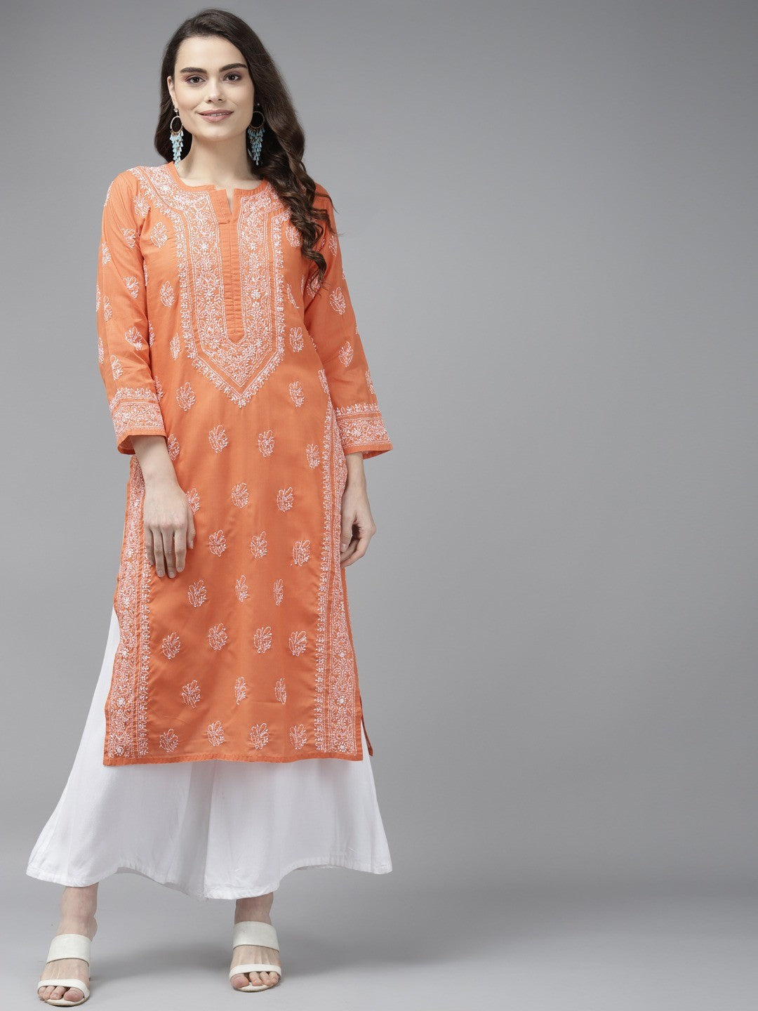 Ada Hand Embroidered Rust Cotton Lucknowi Chikankari Kurti A321392