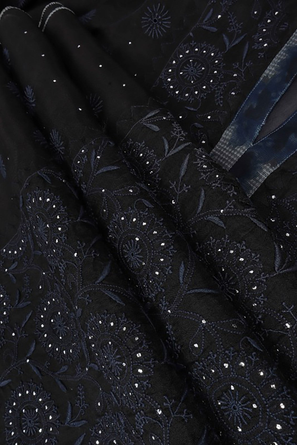 Ada Hand Embroidered Black Tissue Lucknowi Chikankari Unstitched Kurta Dupatta Set With Muqaish Work A606148