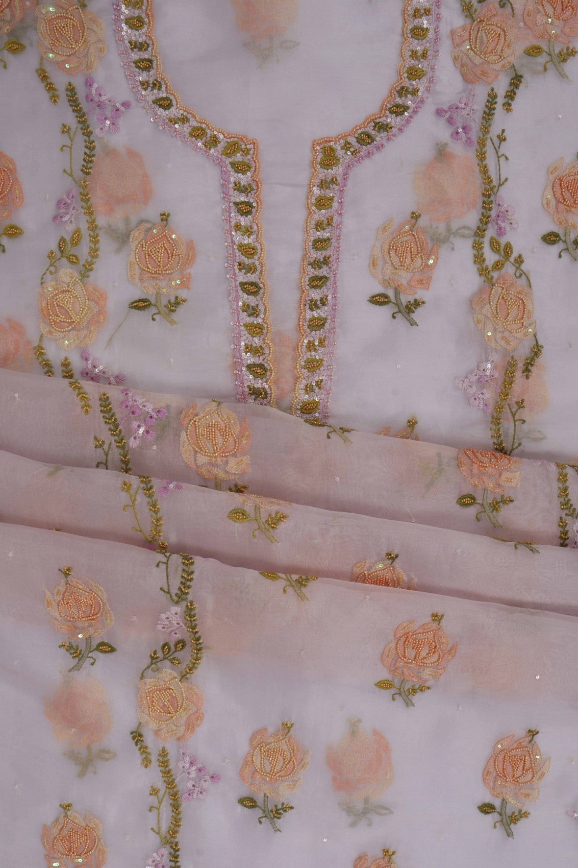 Ada Hand Embroidered Light Mauve Organza Lucknowi Chikankari Unstitched Kurta Dupatta Set With Pearl Work 01A140637