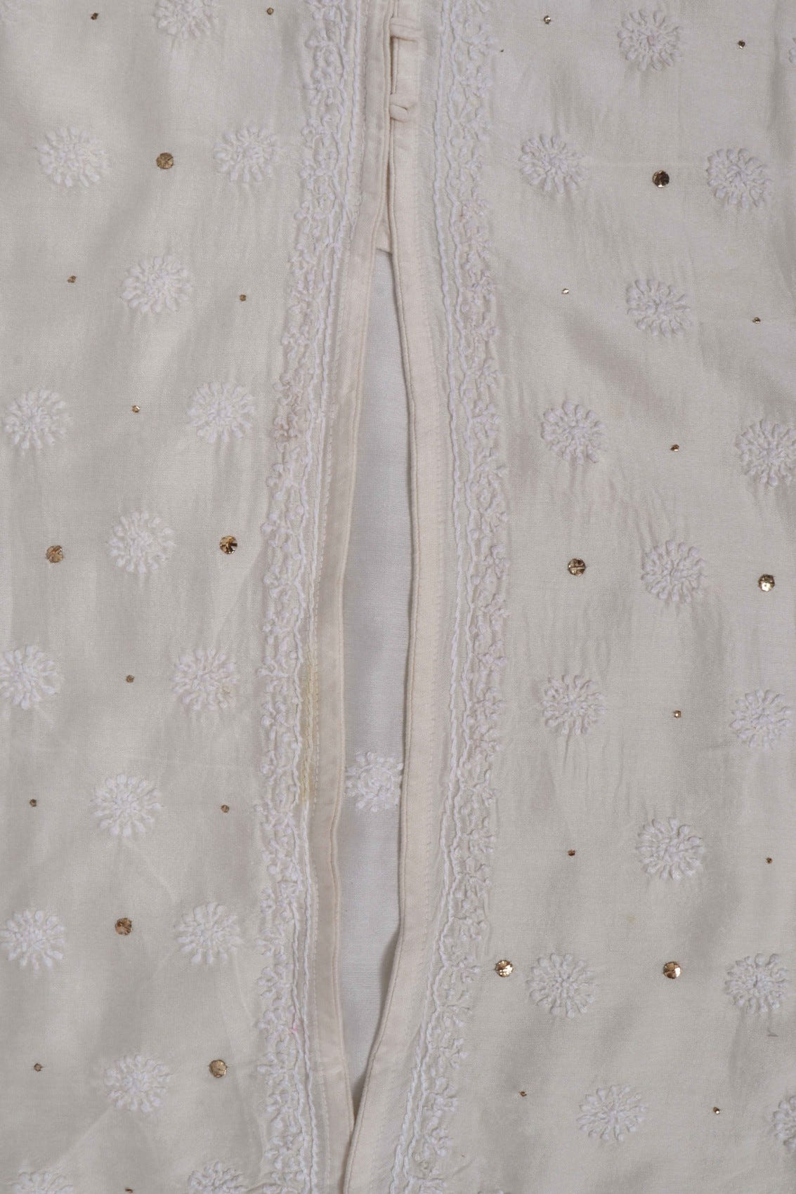 Ada Hand Embroidered Cream Chanderi Lucknowi Chikankari Semi-Stitched Anarkali Kurta Dupatta Set With Muqaish Work A604160