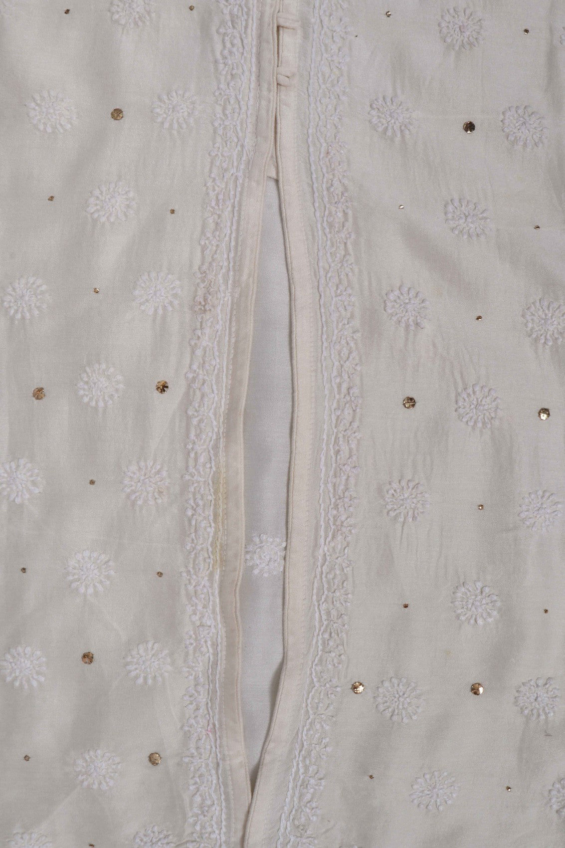 Ada Hand Embroidered Cream Chanderi Lucknowi Chikankari Semi-Stitched Anarkali Kurta Dupatta Set With Muqaish Work A604160