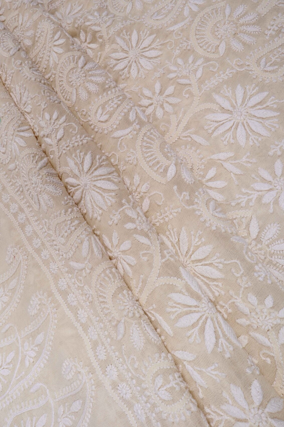 Ada Hand Embroidered Cream Pure Georgette Lucknowi Chikankari Unstitched Kurta Dupatta Set A70992