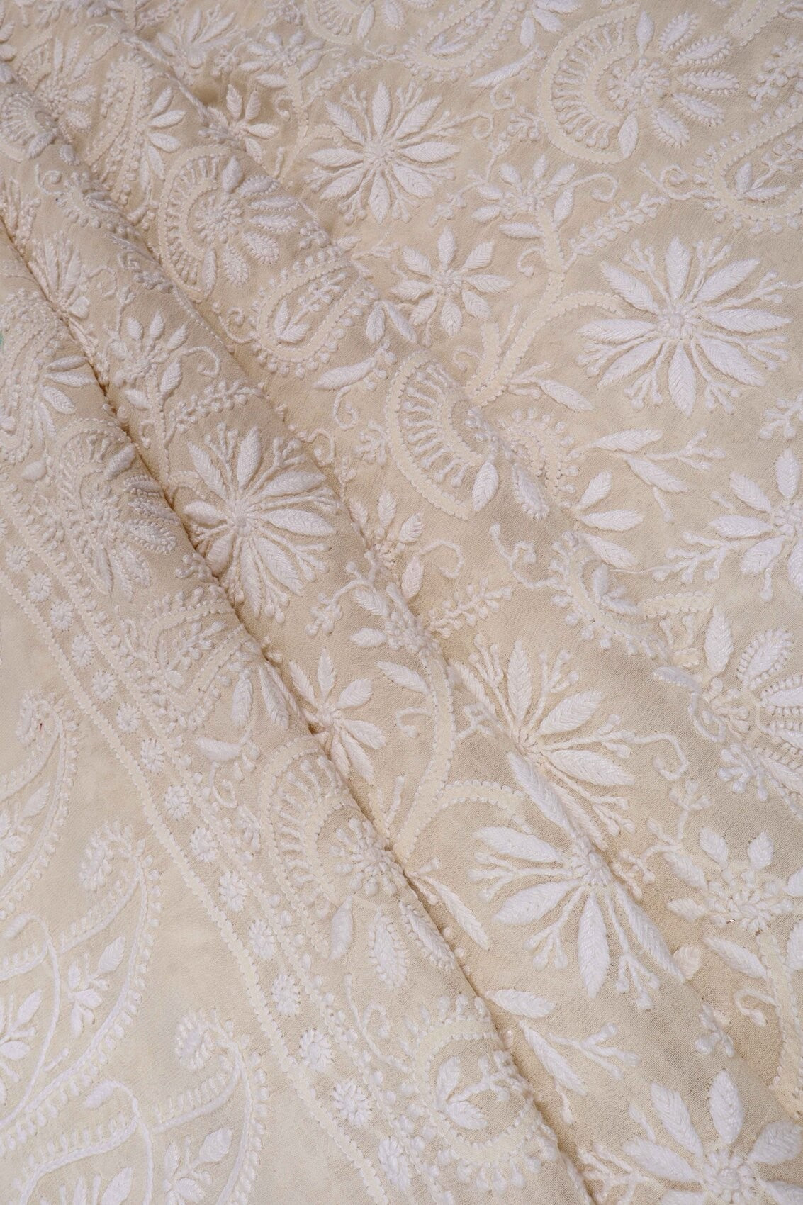 Ada Hand Embroidered Cream Pure Georgette Lucknowi Chikankari Unstitched Kurta Dupatta Set A70992
