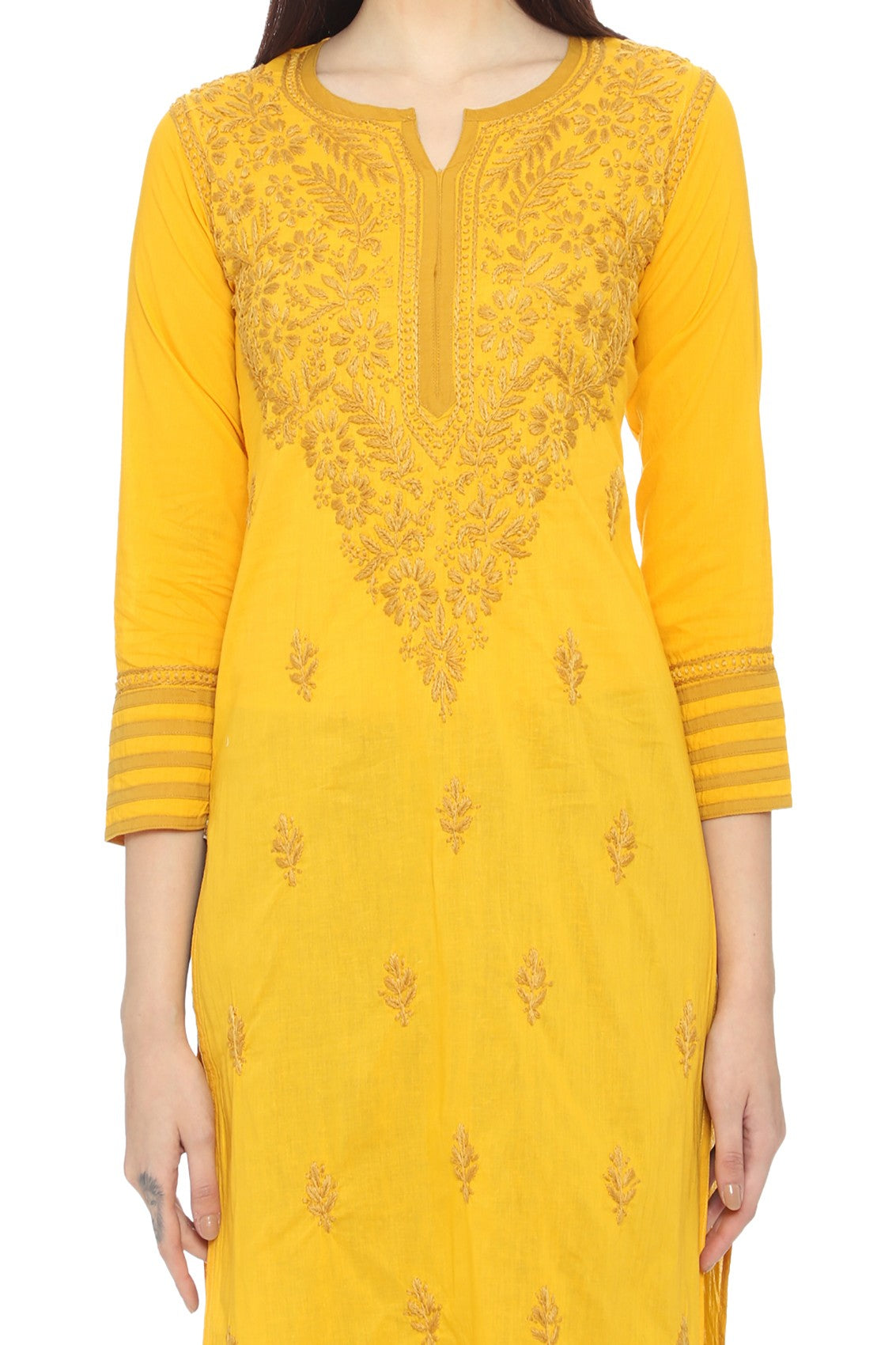 Ada Hand Embroidered Mustard/Black Cotton Lucknowi Chikankari Kurta Set A811222