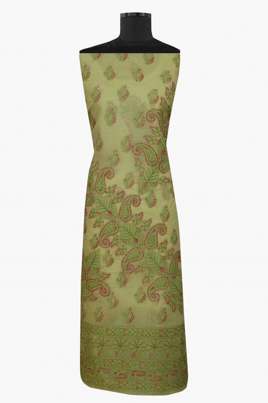 Ada Hand Embroidered Green Cotton Lucknowi Chikan Unstitched Suit Piece–A100158
