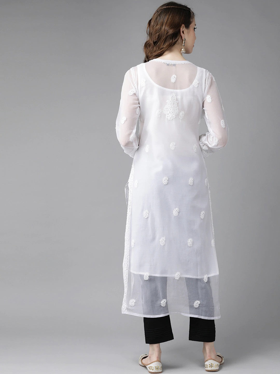 Ada Hand Embroidered White Georgette Lucknowi Chikankari Straight Kurta Set With Slip A811176