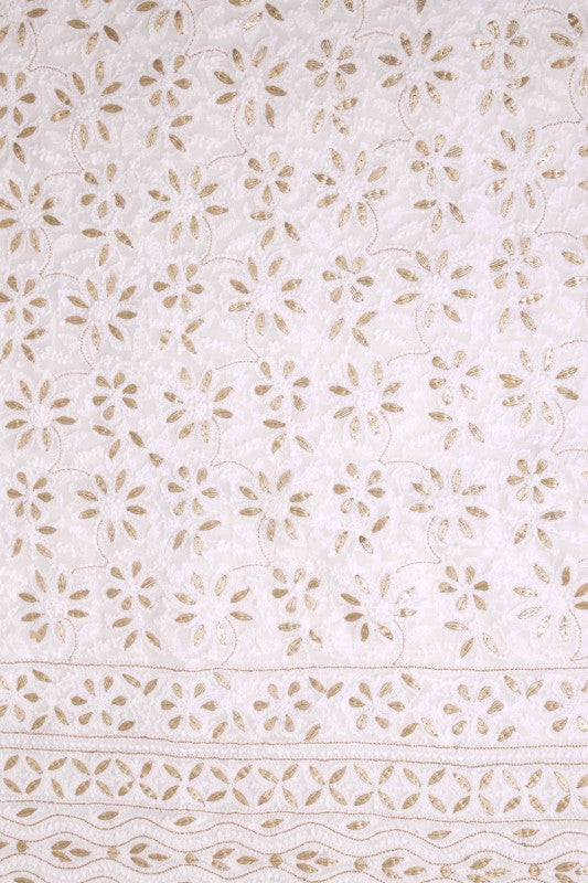 Ada Hand Embroidered White Georgette Lucknowi Chikan Unstitched Kurta Dupatta Set With Gota Patti Work - A618294