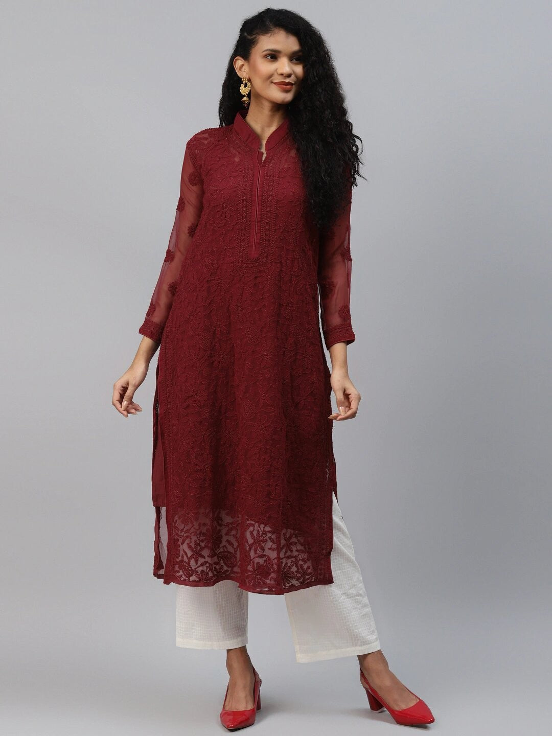 Ada Hand Embroidered Maroon Georgette Lucknowi Chikan Kurta with Slip A225023