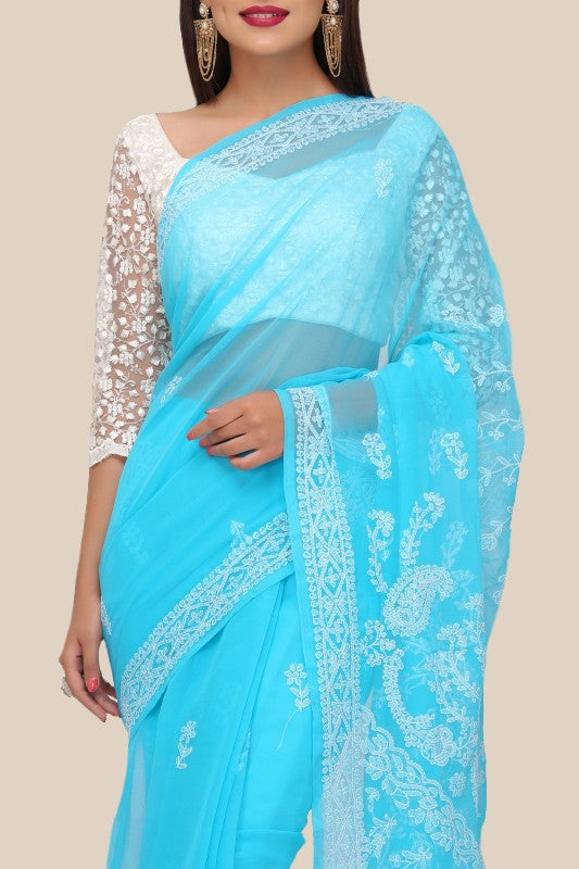 Ada Hand Embroidered Blue Georgette Lucknowi Chikankari  Saree with Blouse  A191647