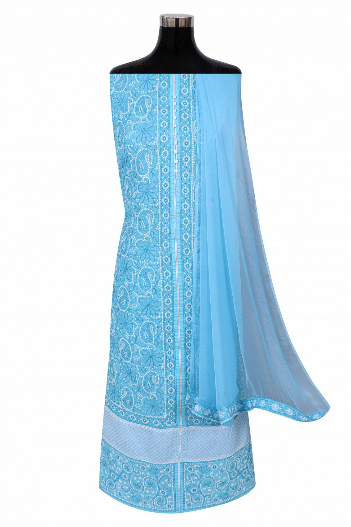 Ada Hand Embroidered Sky Blue Cotton Lucknowi Chikankari Unstitched Suit Piece 01A227033