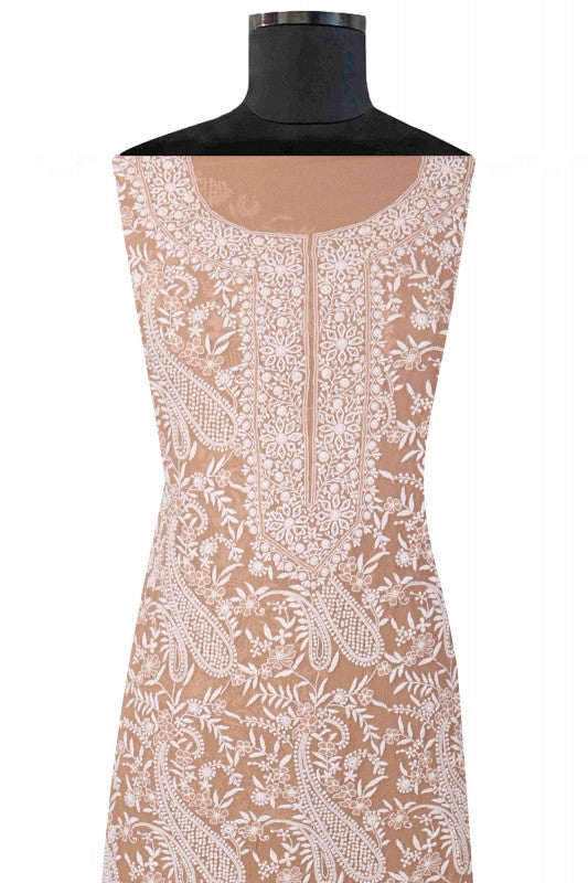 Ada Hand Embroidered Fawn Pure Georgette Lucknowi Chikan Unstitched Suit Piece A360354
