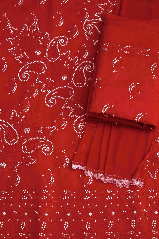 Ada Hand Embroidered Red Cotton Lucknowi Chikan Unstitched Suit Piece–A100155