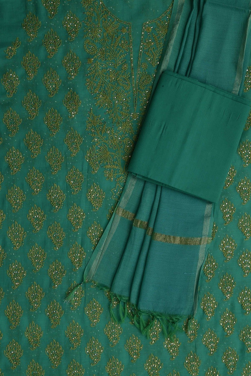 Ada Hand Embroidered Sea Foam Green Chanderi Lucknowi Chikan Unstitched Suit Piece With Muqaish Work–A588563