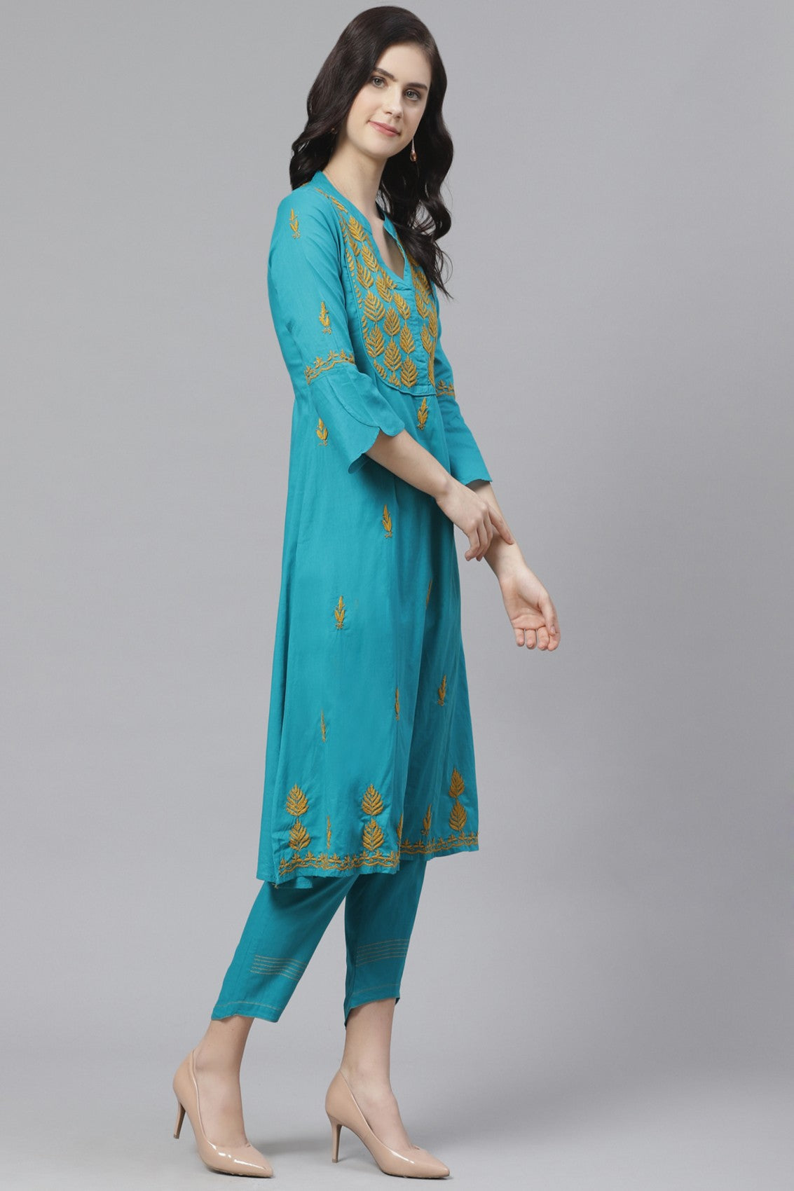 Ada Hand Embroidered Blue Cotton Lucknowi Chikankari Kurta with Trouser Set A100318