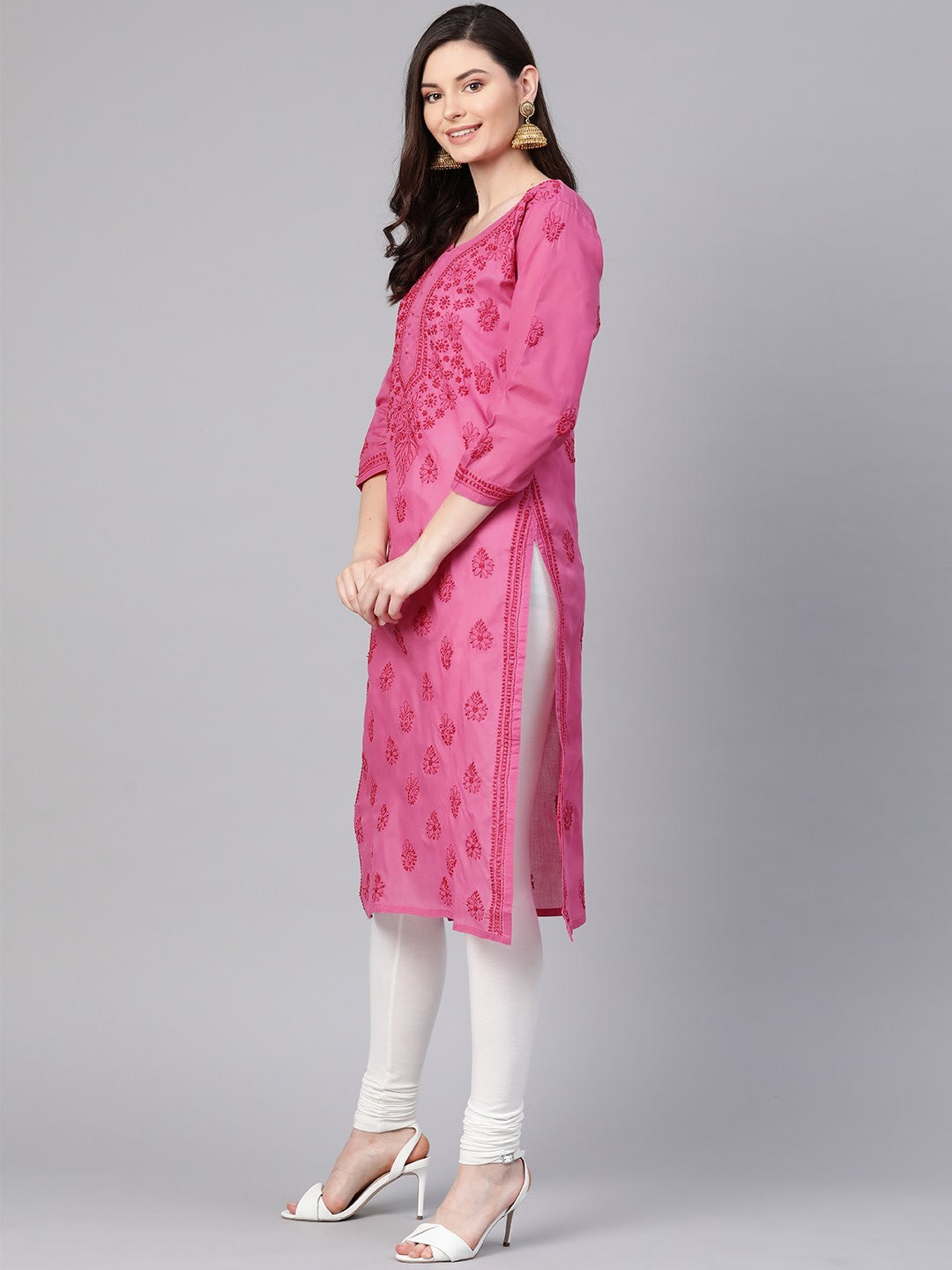 Ada Hand Embroidered Magenta Cotton Lucknowi Chikankari Straight Kurta A100364