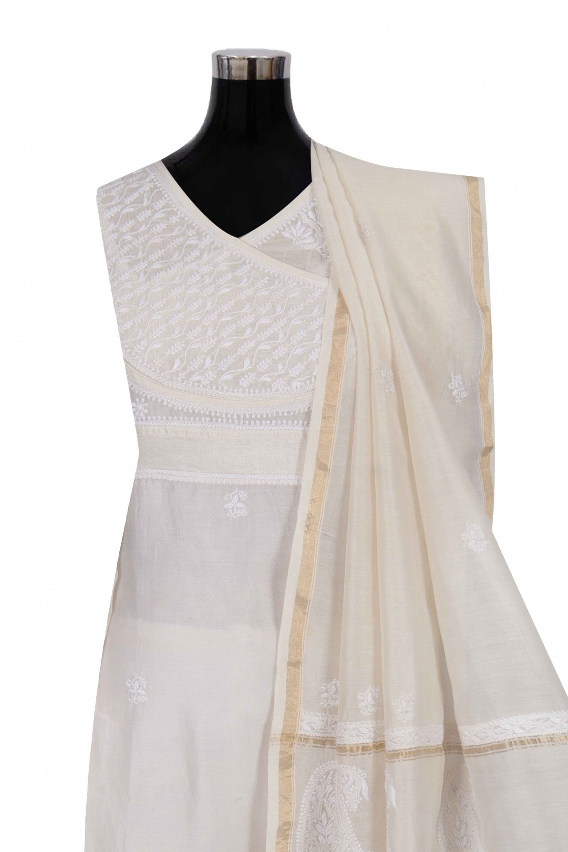 Ada Hand Embroidered White Chanderi Lucknowi Chikankari Semi-stitched Kurta Dupatta Set 01A240784