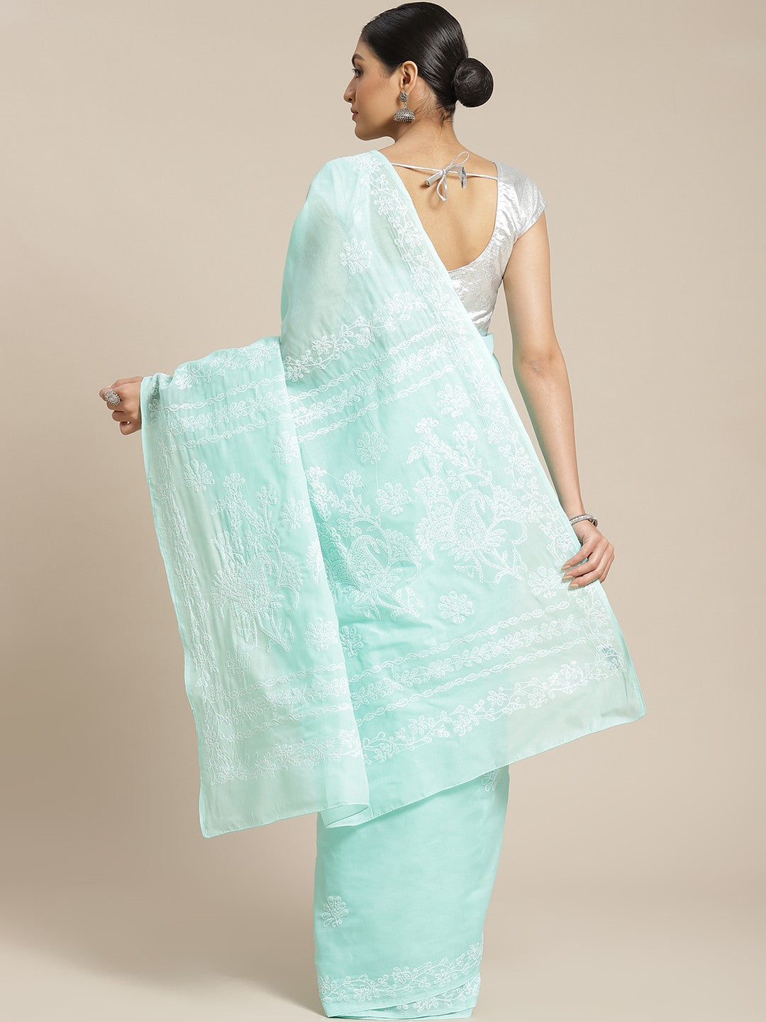 Ada Hand Embroidered Sea Green Cotton Lucknow Chikan Saree With Blouse- A159243